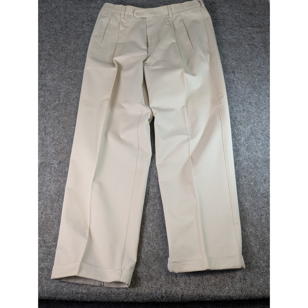 Savane Mens Pleated Chino Pants 40x32 Khaki Tan Cotton Cuffed Trousers EUC